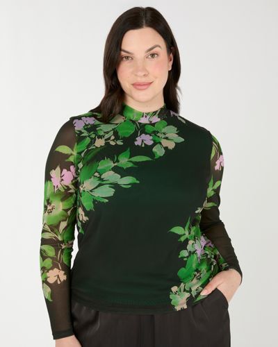 ESTELLE Women's Fiora Floral Sheer Long Sleeve Mock Neck Mesh Top