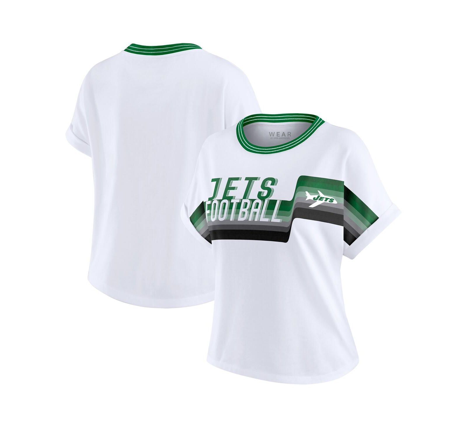 WEAR by Erin Andrews Women's White New York Jets Cropped Center Stripe Dolman T-Shirt