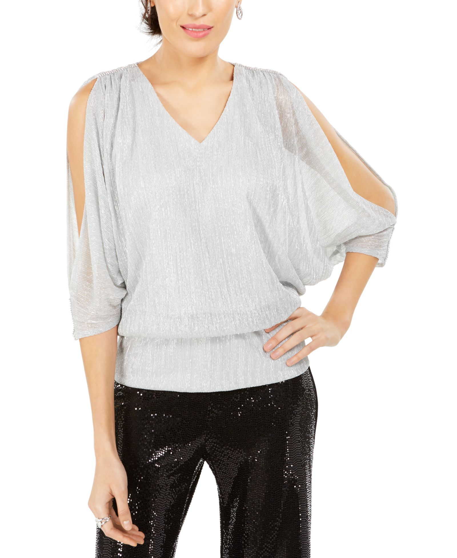 MSK Split-Sleeve Metallic Blouson Top