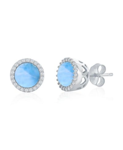 Sterling , Round Larimar, CZ Halo Studs