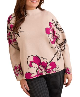 Tribal Plus Size Knit Jacquard Funnel Neck Sweater