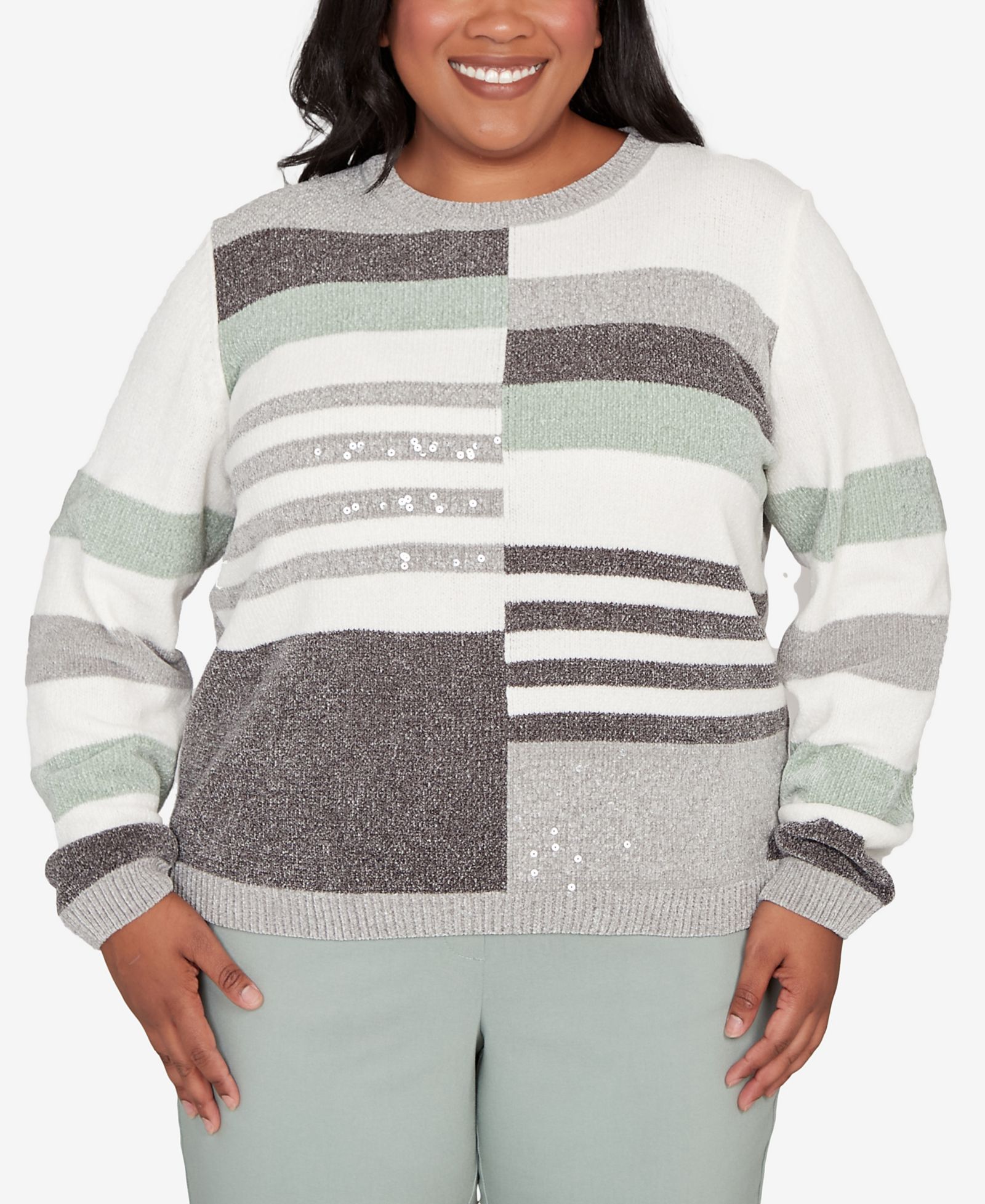 Свитер Alfred Dunner Plus Size Stockbridge Stripe Sequin Colorblock Chenille