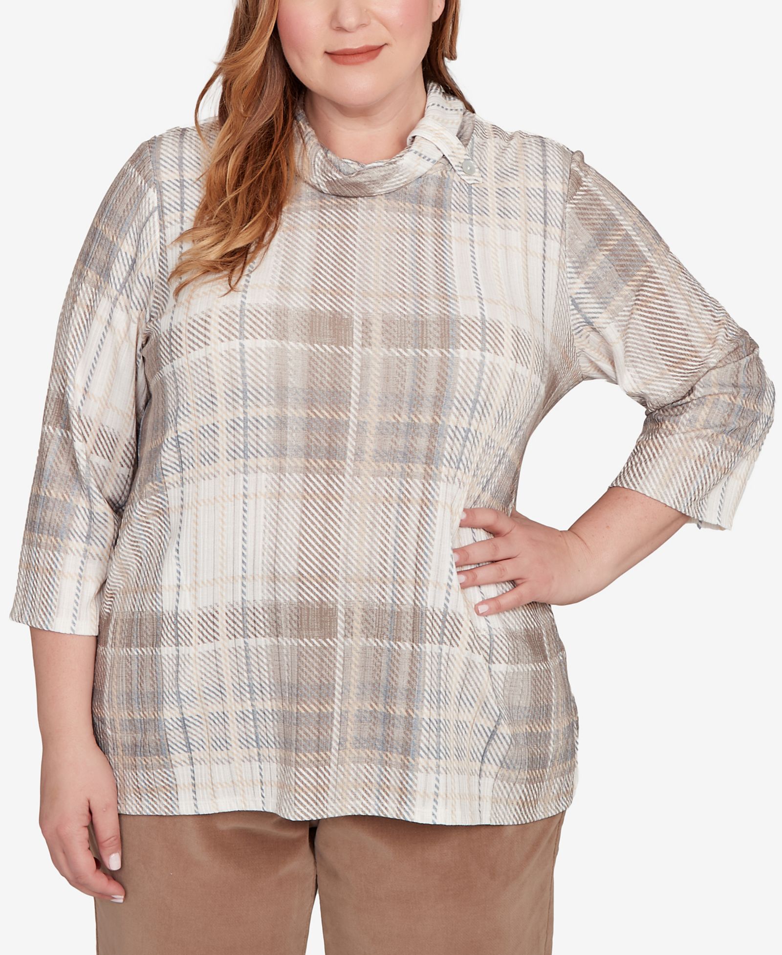 Alfred Dunner Plus Size Vienna Draped Cowl Neckline Plaid Knit Top
