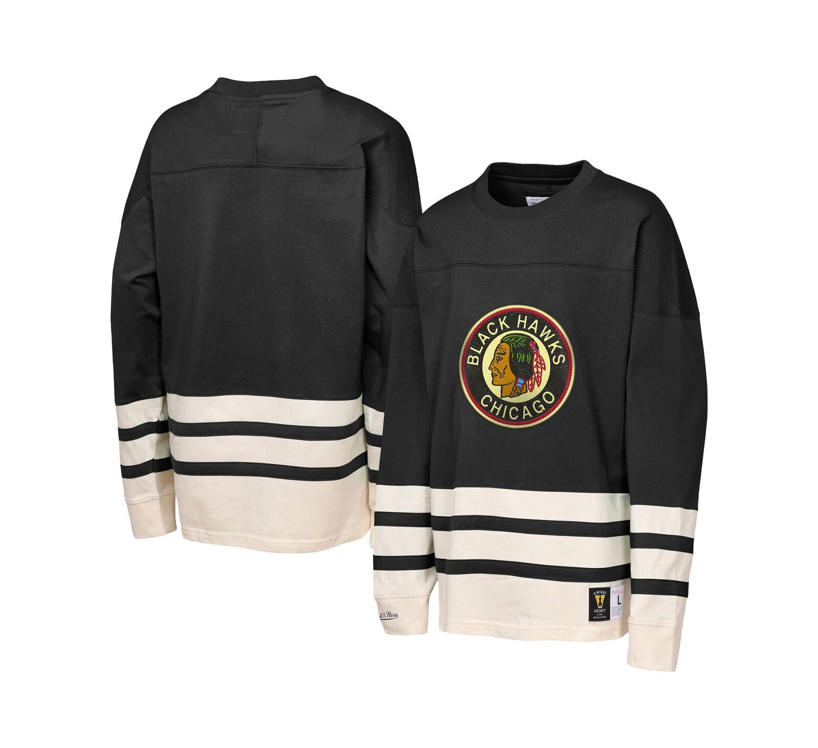 Mitchell & Ness Black Chicago Blackhawks Chainstitch Heavyweight Long Sleeve Top для мальчиков и девочек