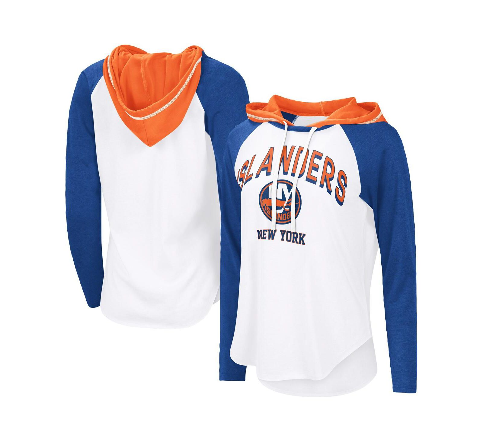 G-III 4Her by Carl Banks Women's White New York Islanders VIP Raglan Long Sleeve Hoodie T-Shirt