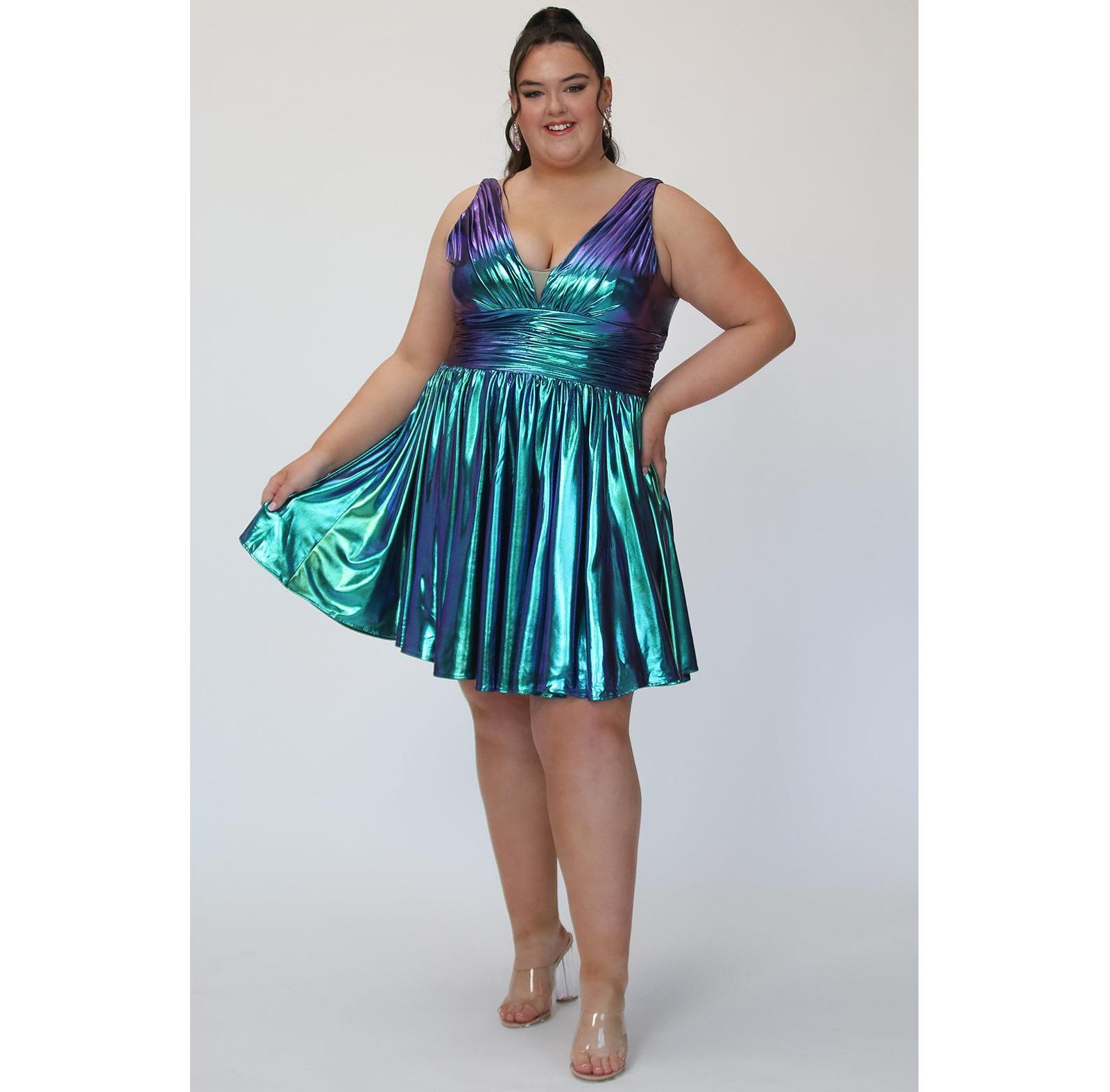 Sydney's Closet Plus Size Blue & Green Iridescent A-line Party Dress
