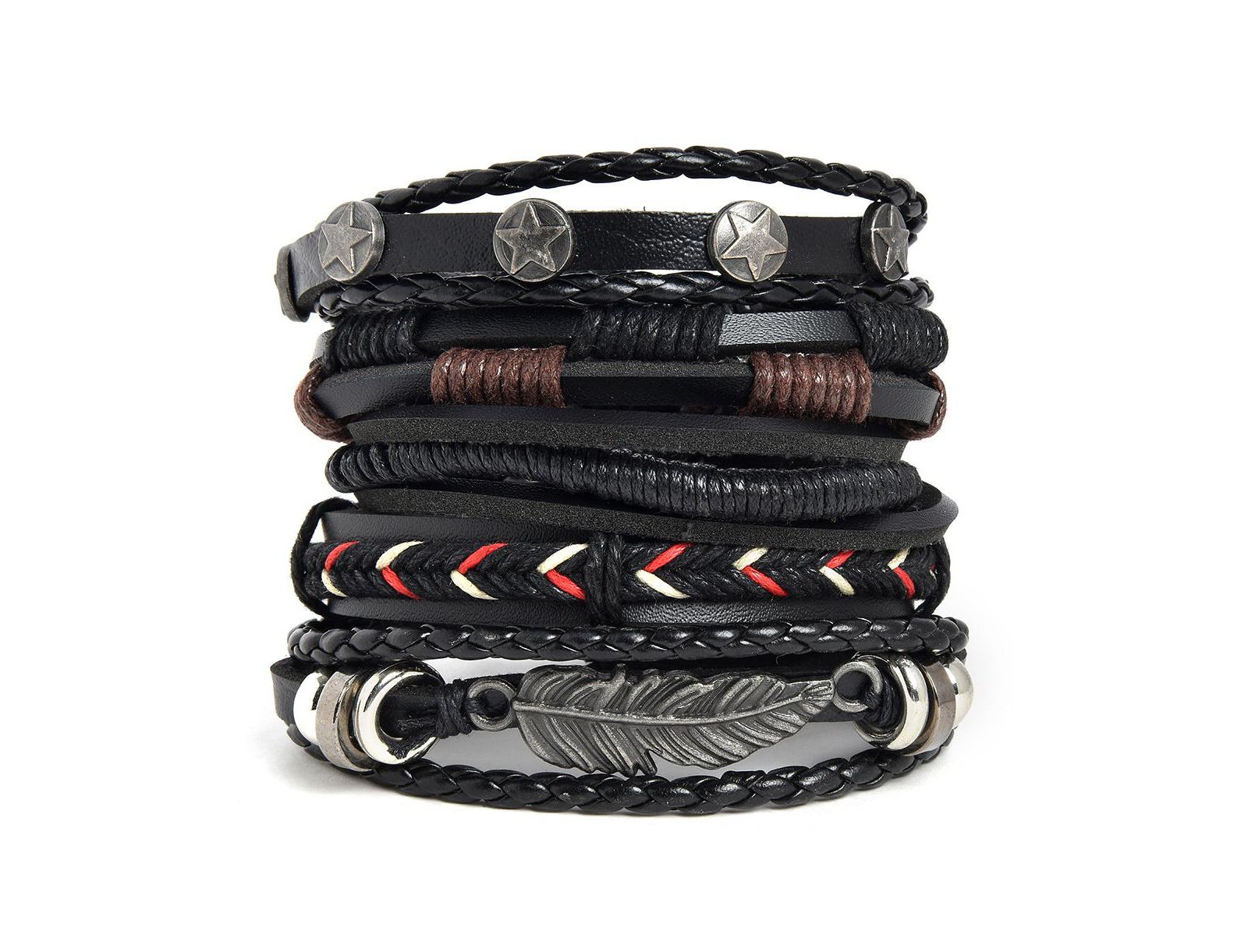SOHI Women's Black Boho Leather Stack Bracelet