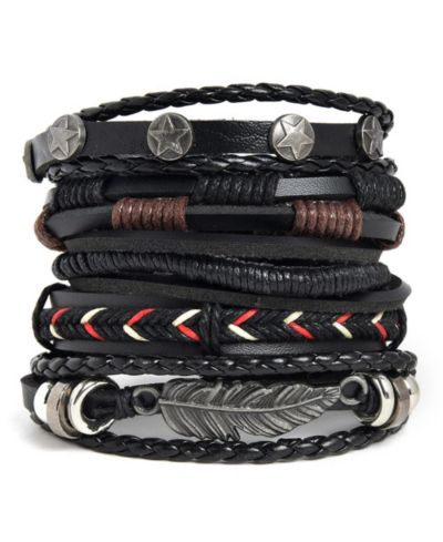 SOHI Women's Black Boho Leather Stack Bracelet