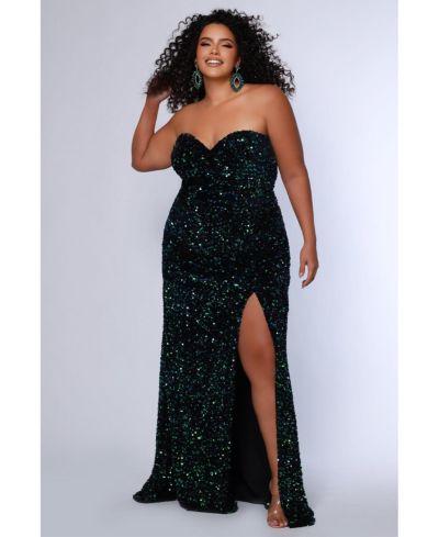 Вечернее платье Sydney's Closet Plus Size Strapless Peacock Sequin Velvet Fitted с разрезом