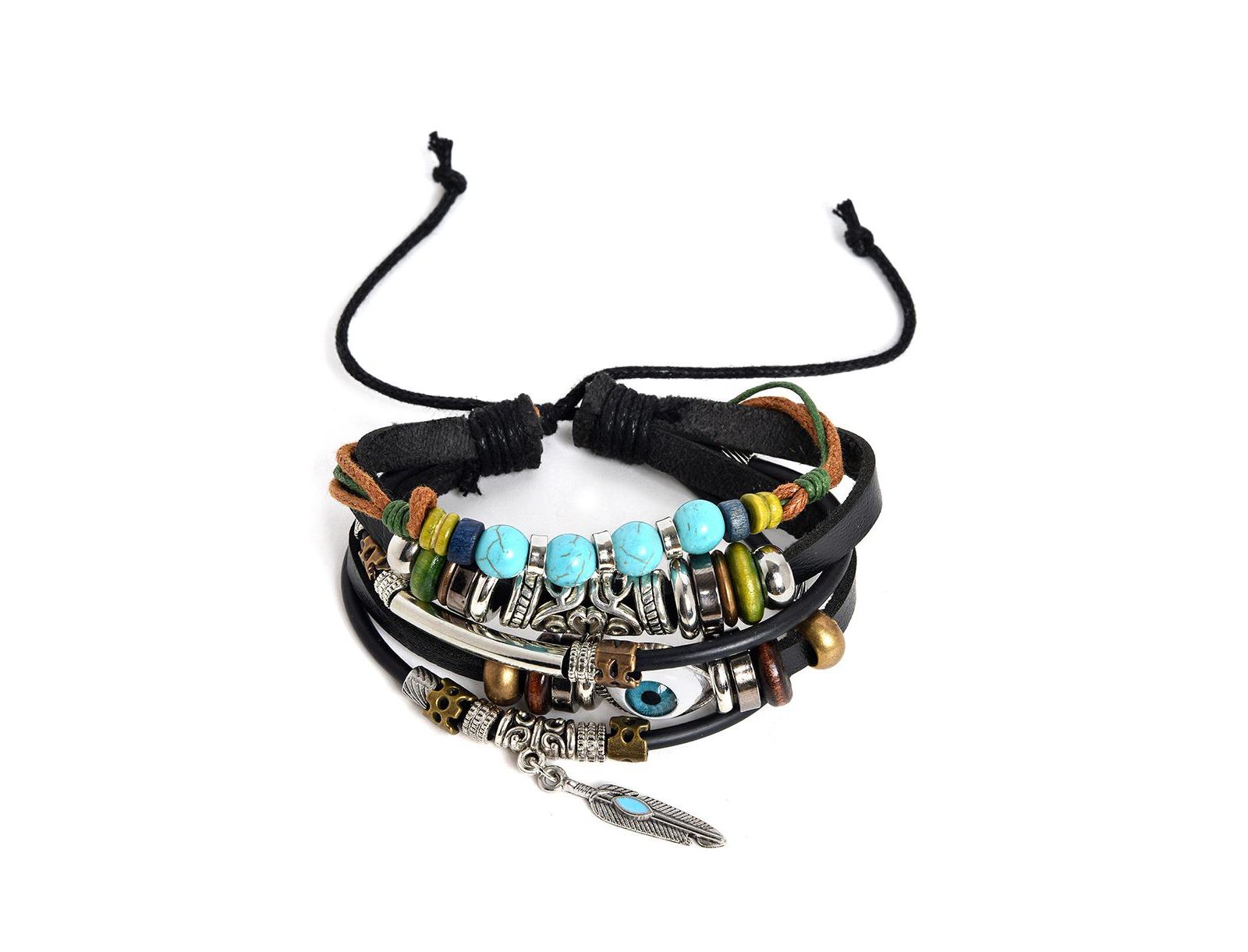 SOHI Women's Black Boho Leather Stack Bracelet