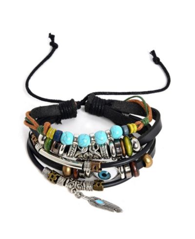 SOHI Women's Black Boho Leather Stack Bracelet