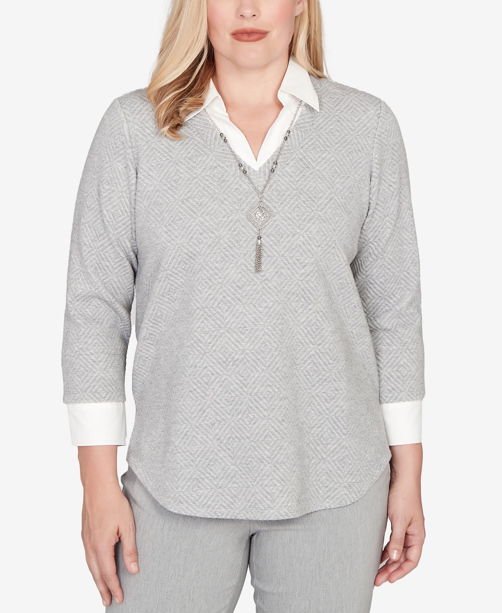 Alfred Dunner Stockbridge Diamond Jacquard Two In One Top с ожерельем
