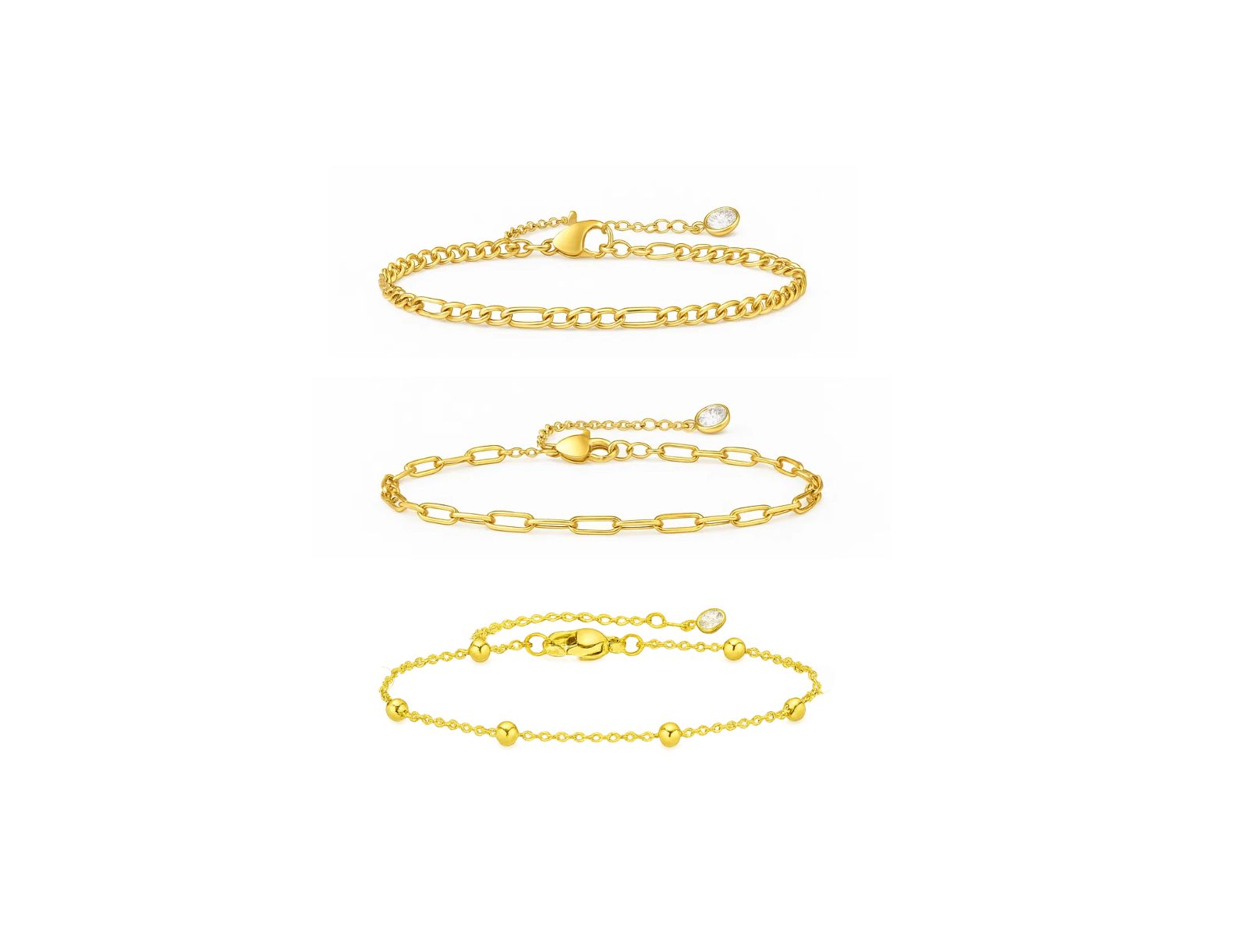 Adriana 3-Piece Stackable Bracelet Trio Set, Beaded, Figaro, Paperclip Link