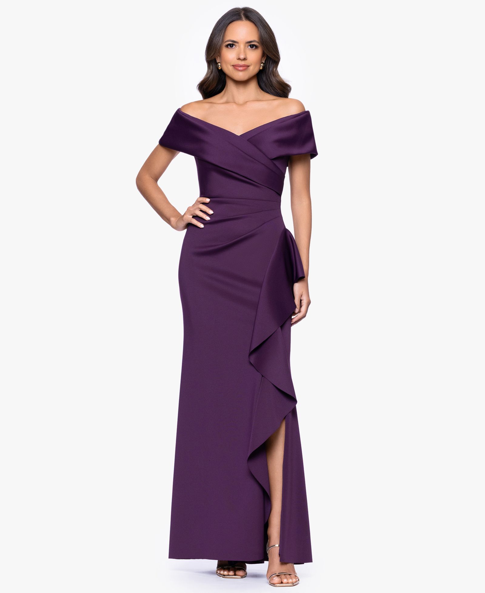 XSCAPE Petite Sweetheart Neck Side Ruffle Off-The-Shoulder Long Dress