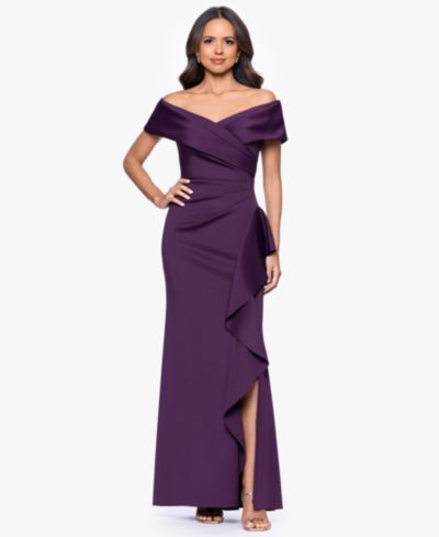 XSCAPE Petite Sweetheart Neck Side Ruffle Off-The-Shoulder Long Dress
