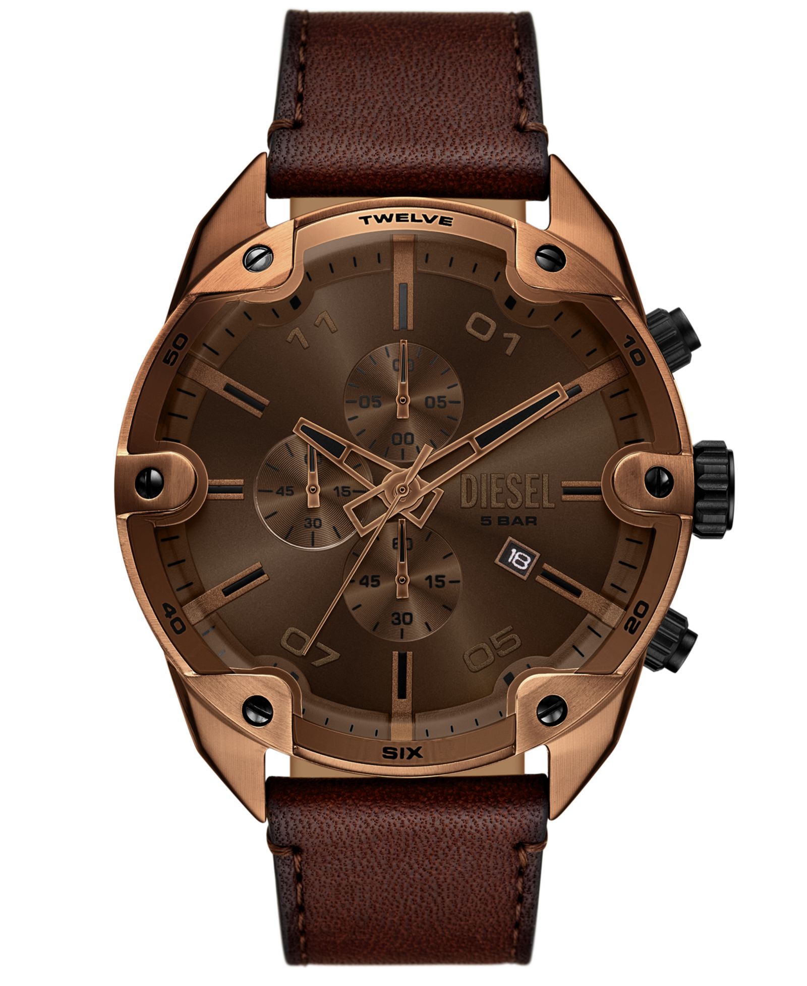 Часы Diesel Men's Spiked Quartz Chronograph Brown Leather 49mm