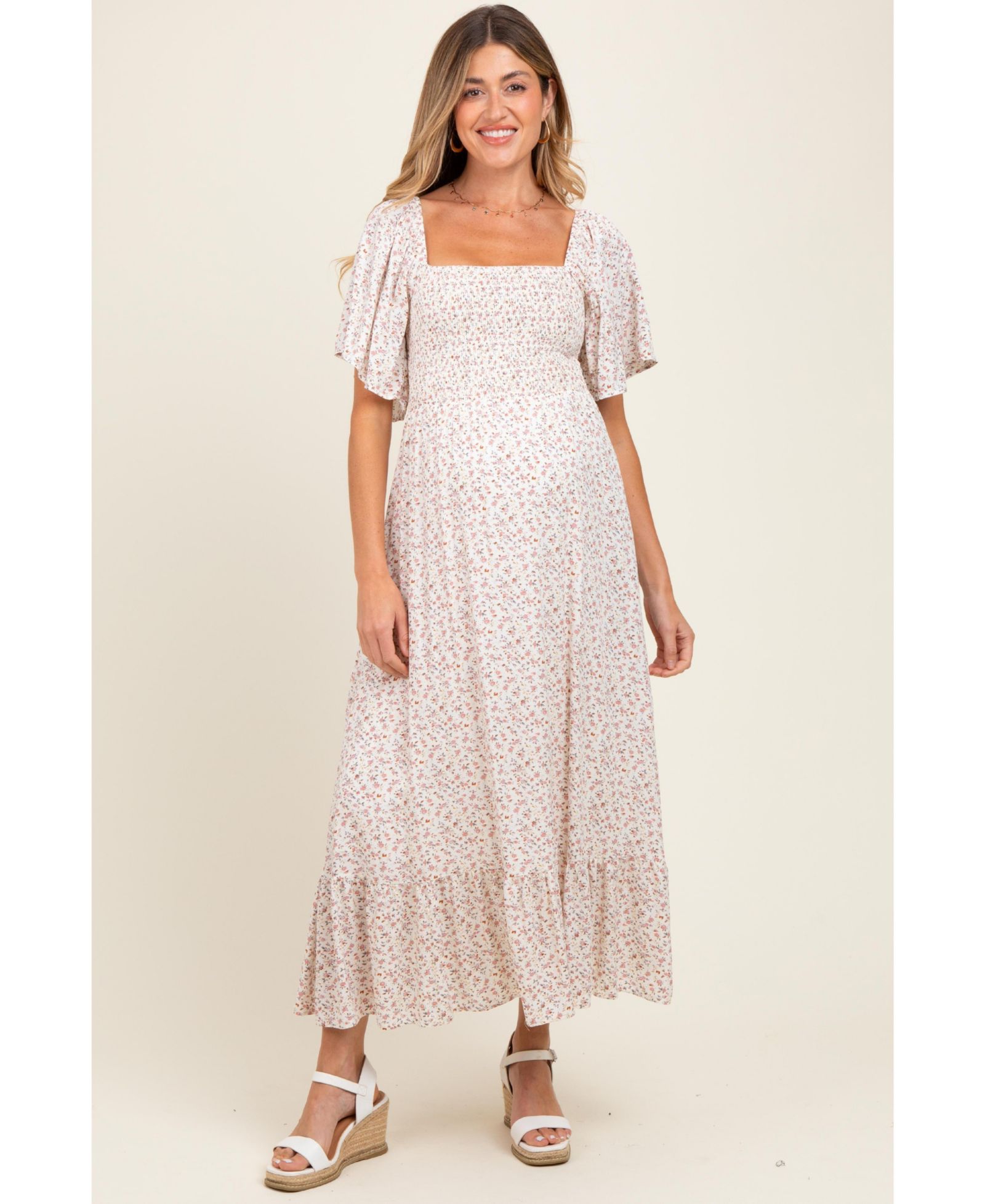 Pinkblush Women's Cream Multi Ditsy Floral Smocked Midi Dress