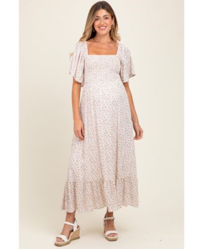 Pinkblush Women's Cream Multi Ditsy Floral Smocked Midi Dress