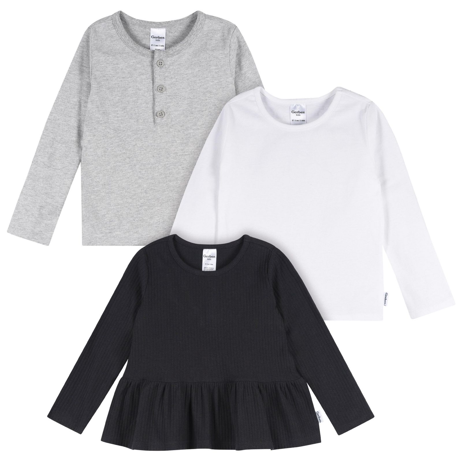 Детские рубашки Gerber Girls 3-Pack Long Sleeve