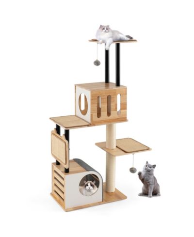 Gymax Wood Cat Tree w/Dual Cat Condos Sturdy Metal Tubes Frame Sisal Scratching Posts