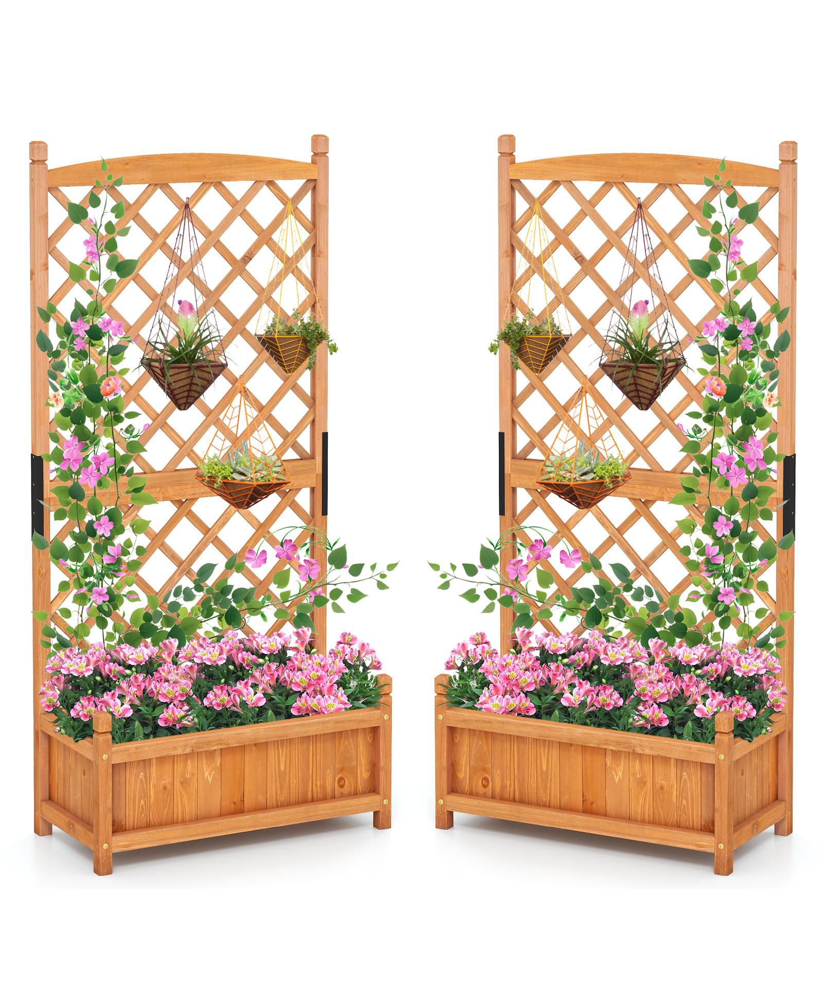 Gymax 2PCS 60'' Tall Raised Garden Bed w/Diamond Lattice Trellis Drainage Holes