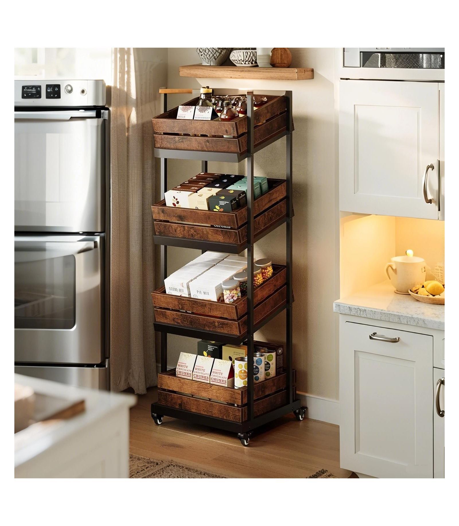 Tribesigns 4-Tier Wooden Kitchen Cart with Wheels,Mobile Fruit Storage