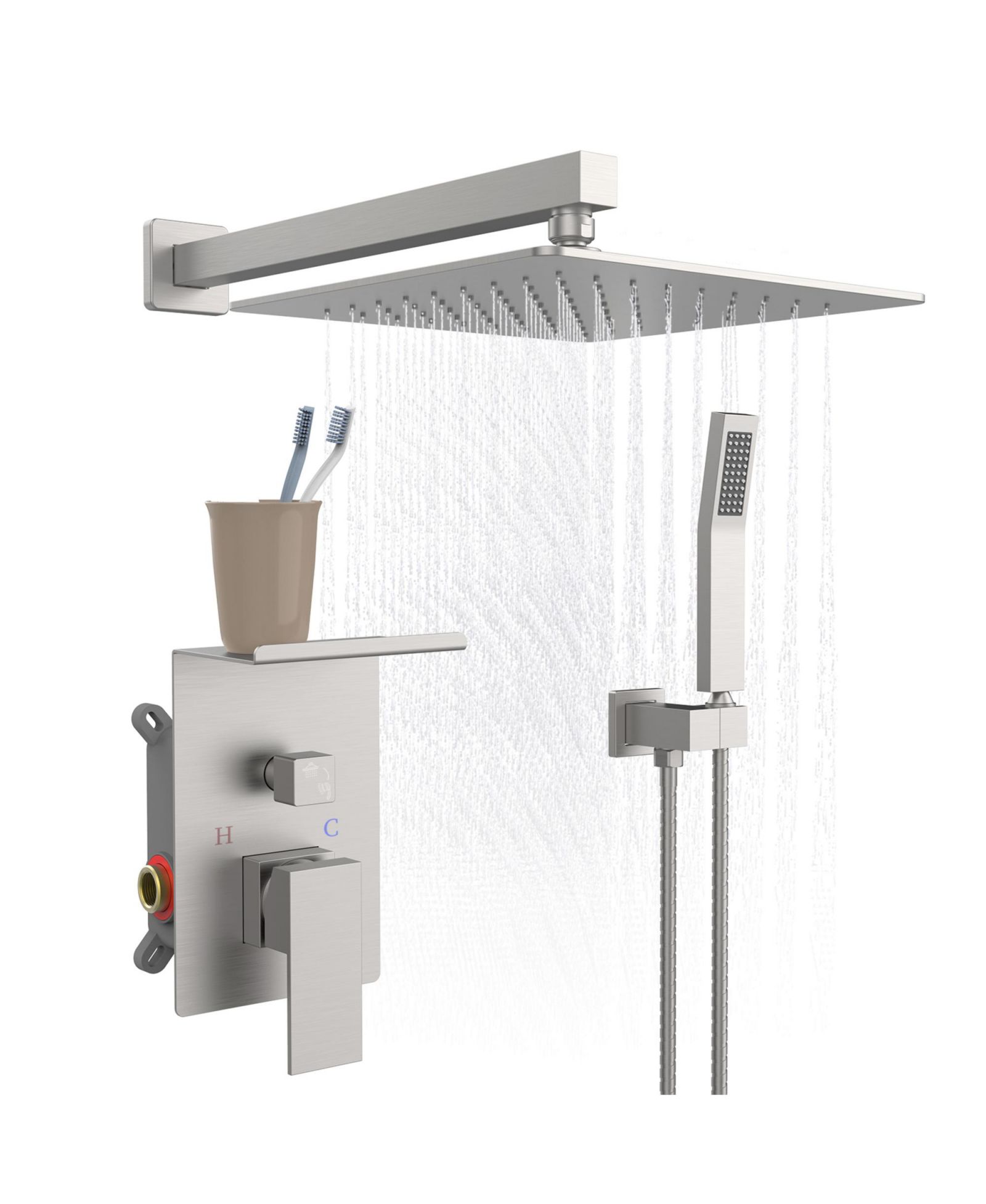 RAINSKEN Rainfall Shower System With Storage Rack 10 inch Shower Faucet Set Brushed Nickel with High Pressure with Square Shower Head
