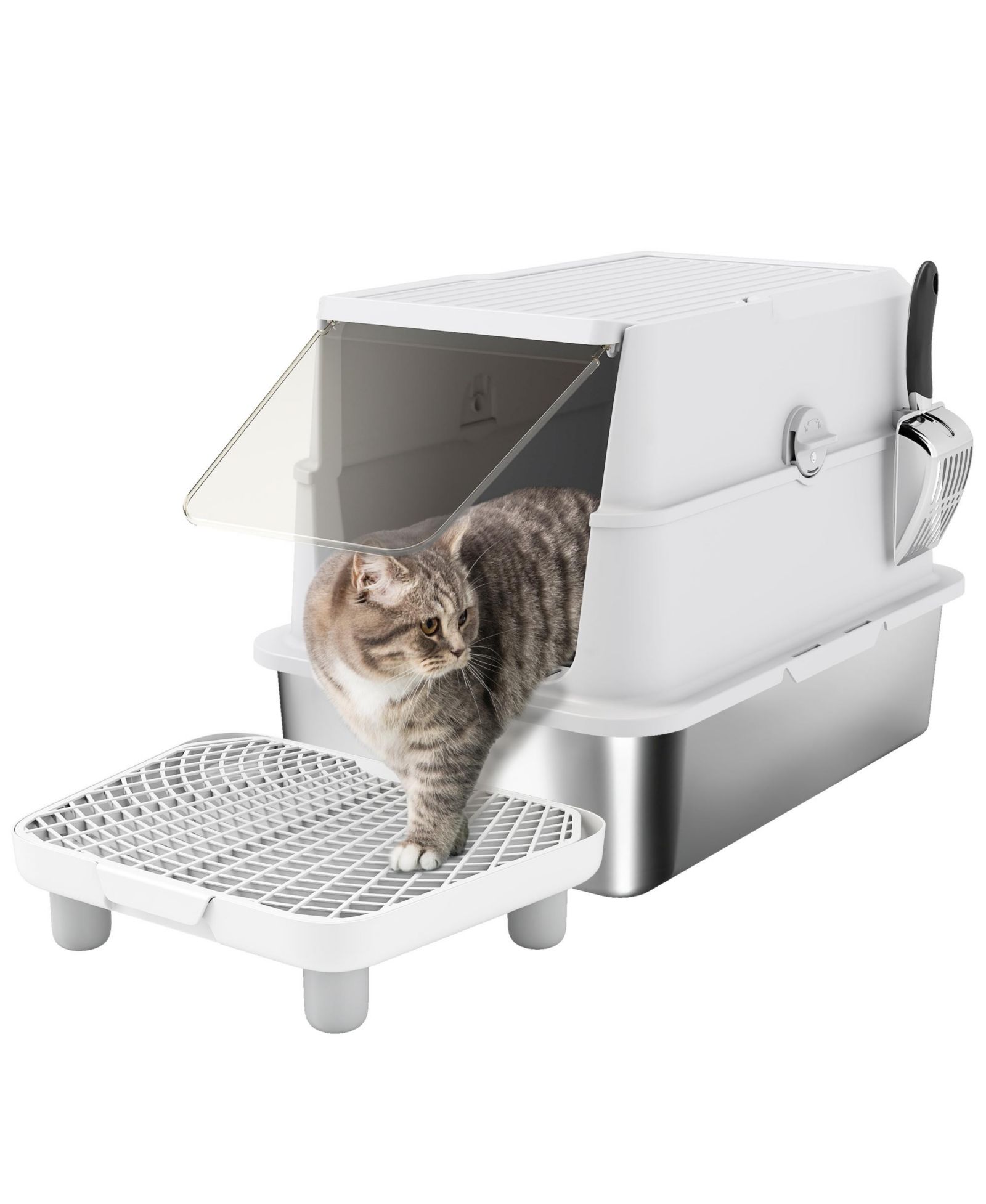PawHut XL Лоток для кошек из нержавеющей стали для крупных кошек с откидной крышкой