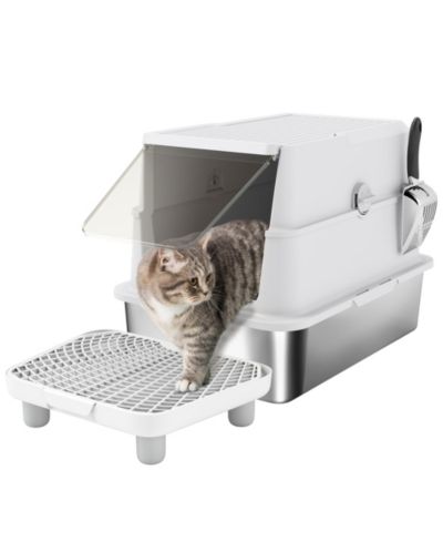 PawHut XL Лоток для кошек из нержавеющей стали для крупных кошек с откидной крышкой