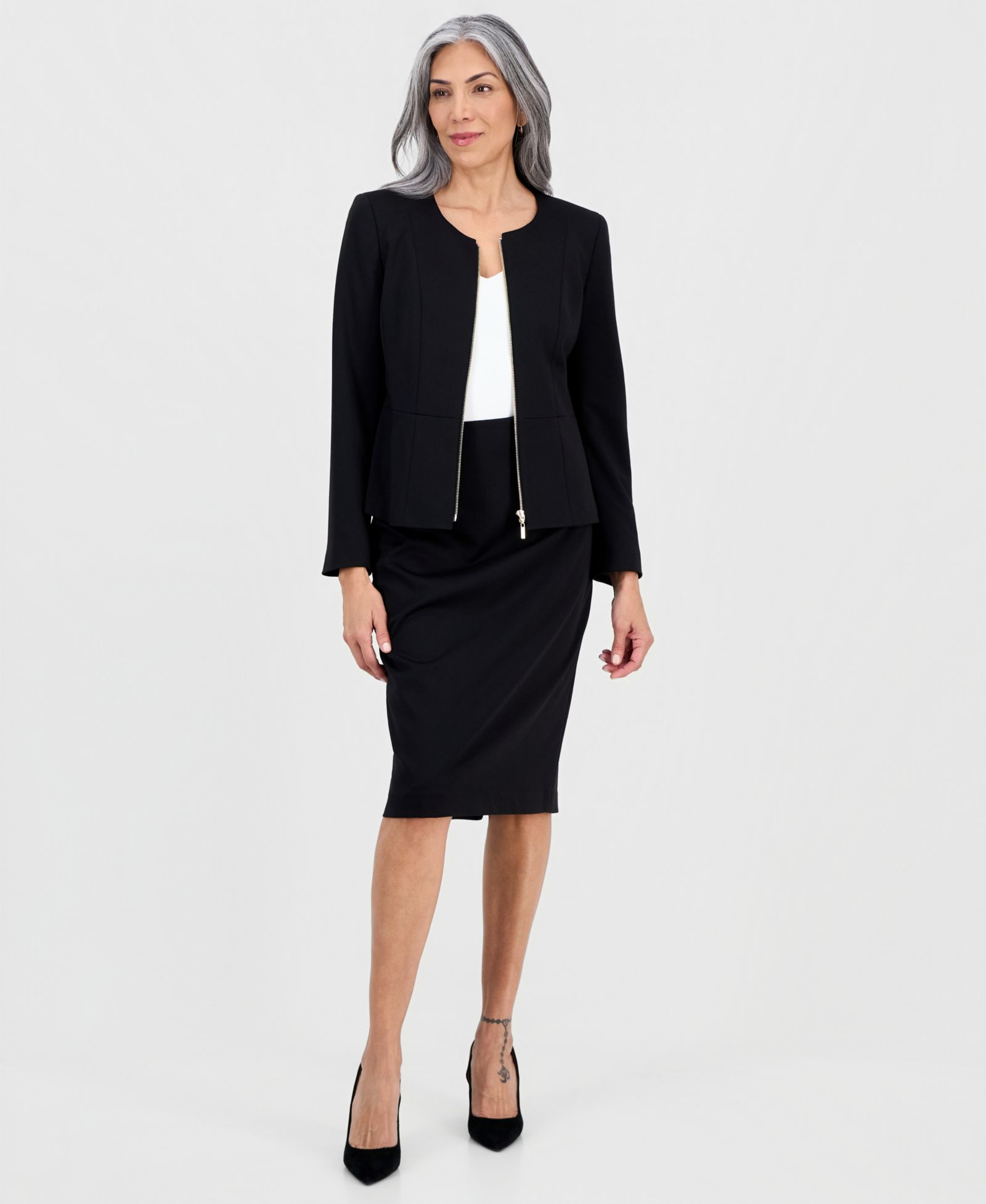 Le Suit Women's Collarless Zip-Front Ponte 2 Piece Skirt Suit