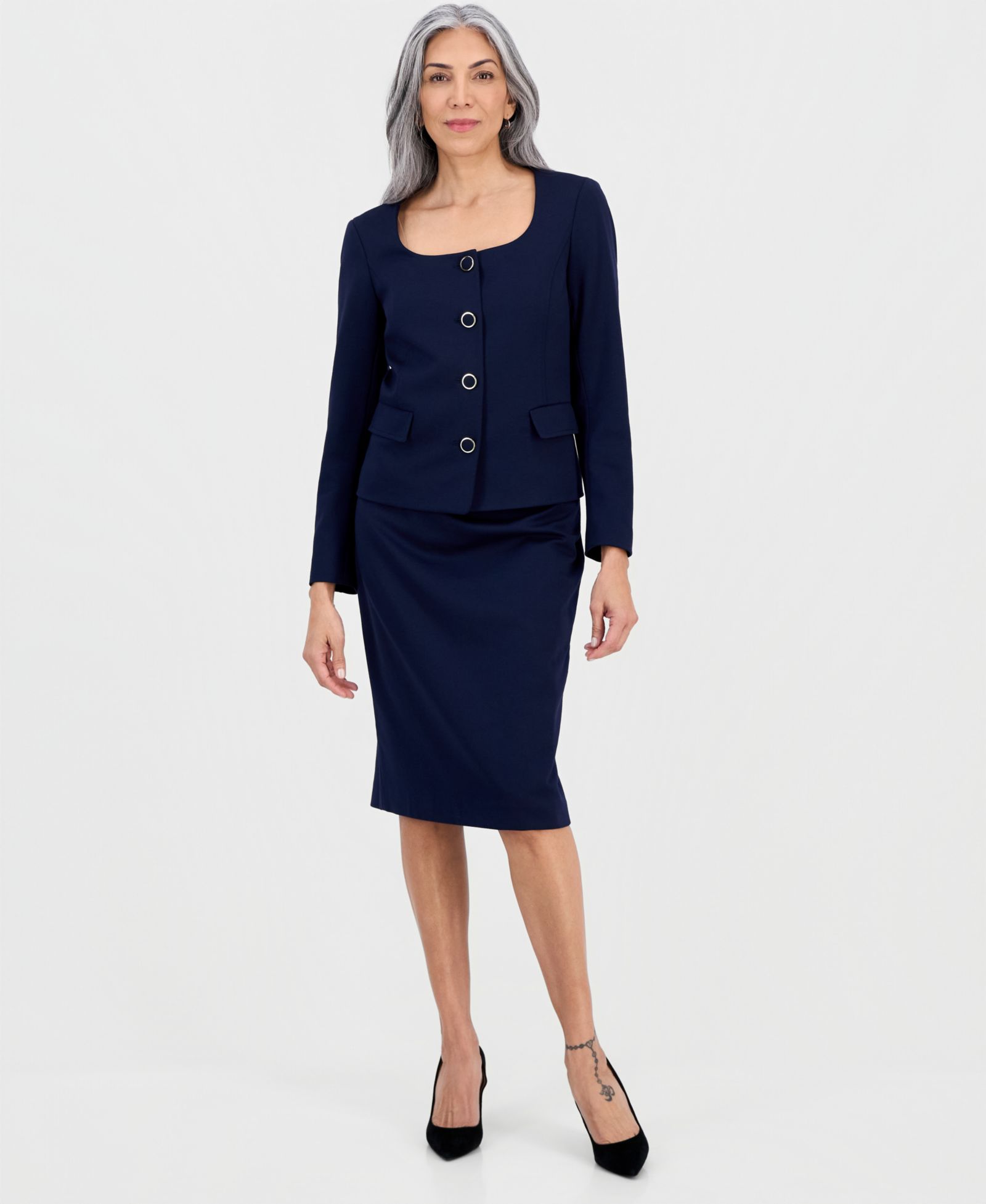 Женский костюм Le Suit Square-Neck Button-Front Ponte 2 Piece Skirt Suit