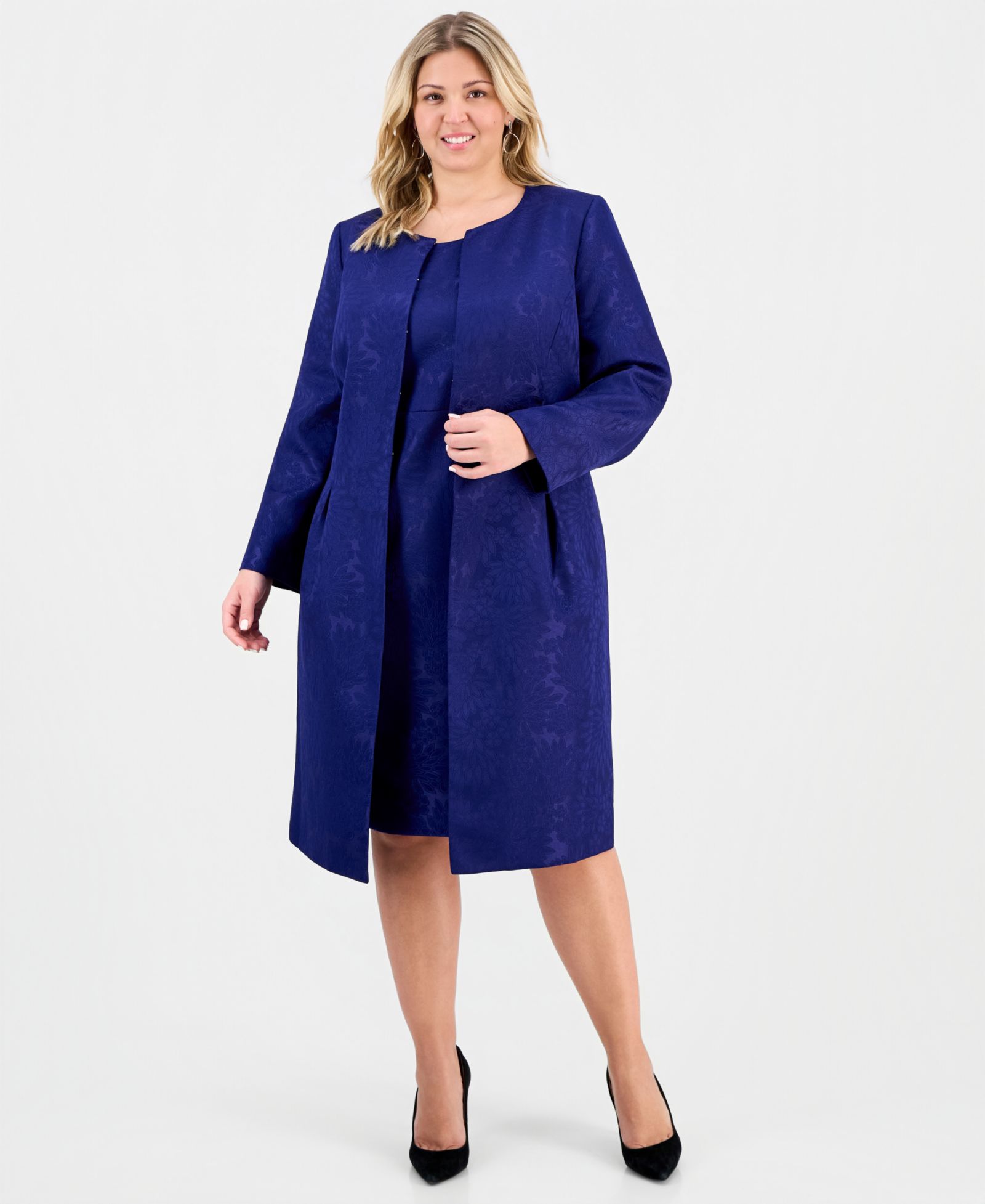 Le Suit Plus Size Floral-Jacquard Topper & Sheath 2 Piece Dress Suit