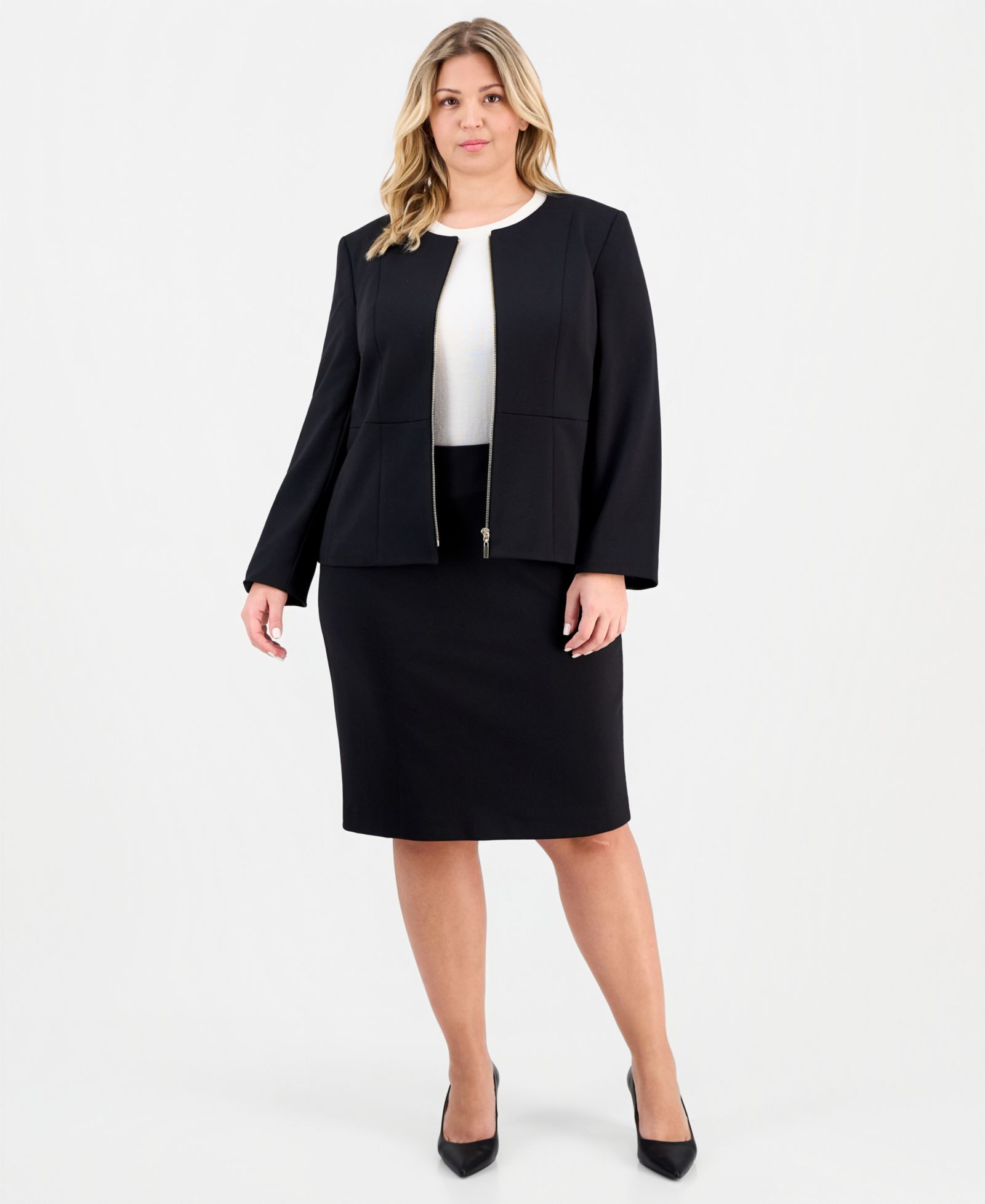Le Suit Plus Size Zip-Front Ponte Jacket & Slim-Fit 2 Piece Skirt Suit