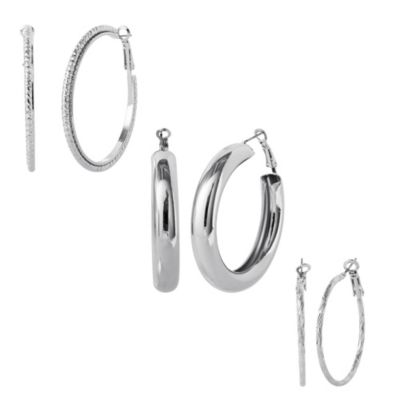 Jessica Simpson 3-Piece Textured Silver-Tone Hoop Earring Set