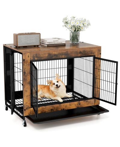 Gymax Dog Crate Furniture Industrial Dog Kennel with Flip-up Top Decorative Pet House