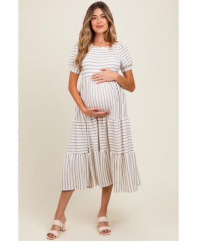 Pinkblush Women's Dusty Olive/ Cream Striped Short Sleeve Tiered Maxi Dress