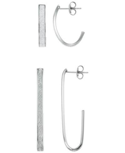 Macy's Glitter Polished 2-Pc. Set J-Hoop Earrings in Sterling Silver