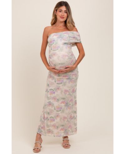 Pinkblush Women's Light Pink Floral One Shoulder Ruched Maxi Dress