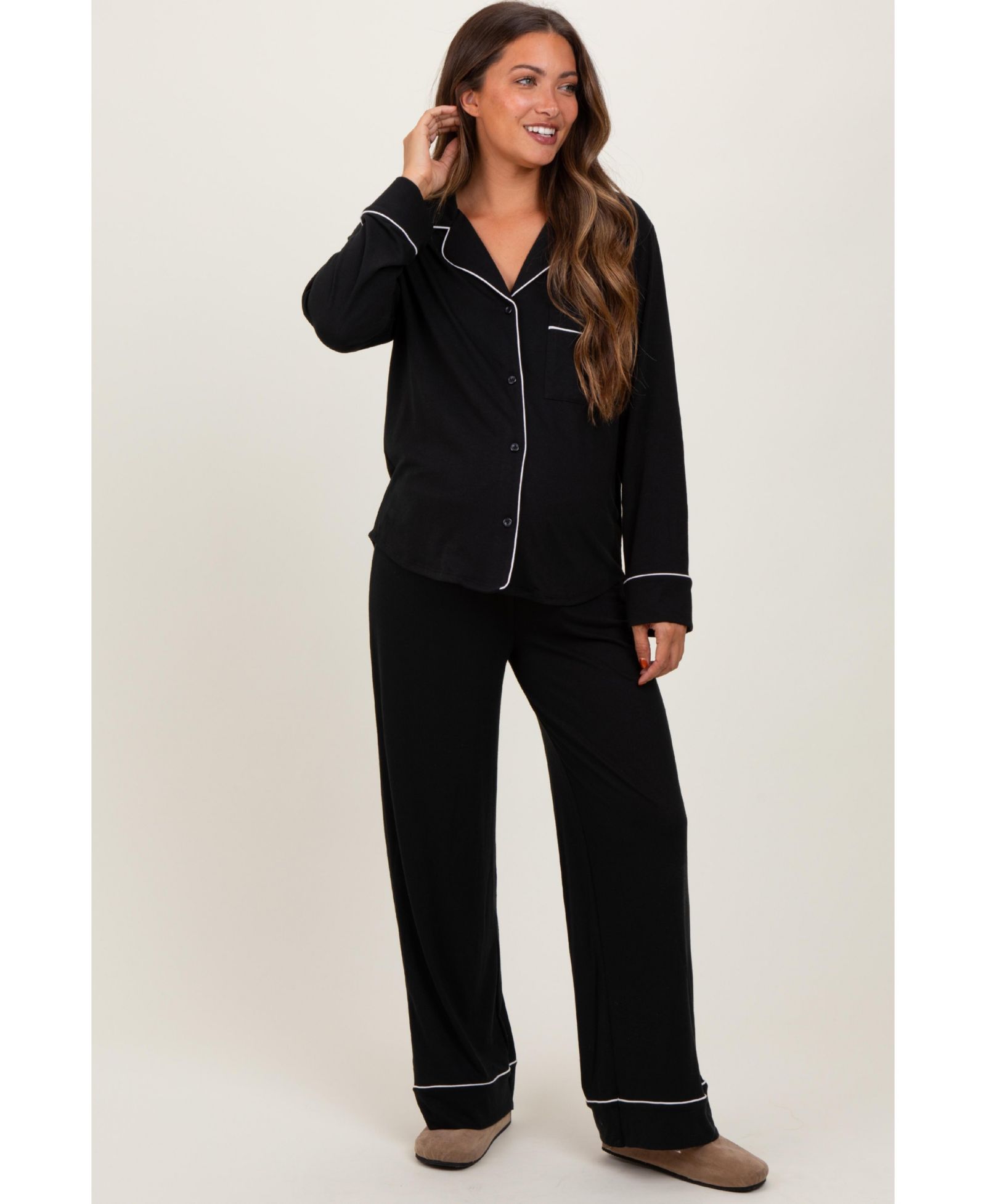 Pinkblush Women's Dark Navy Button Down Top Wide Leg Pant Pajama Set