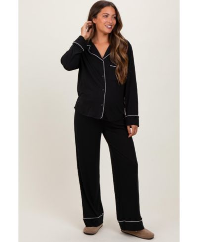 Pinkblush Women's Dark Navy Button Down Top Wide Leg Pant Pajama Set