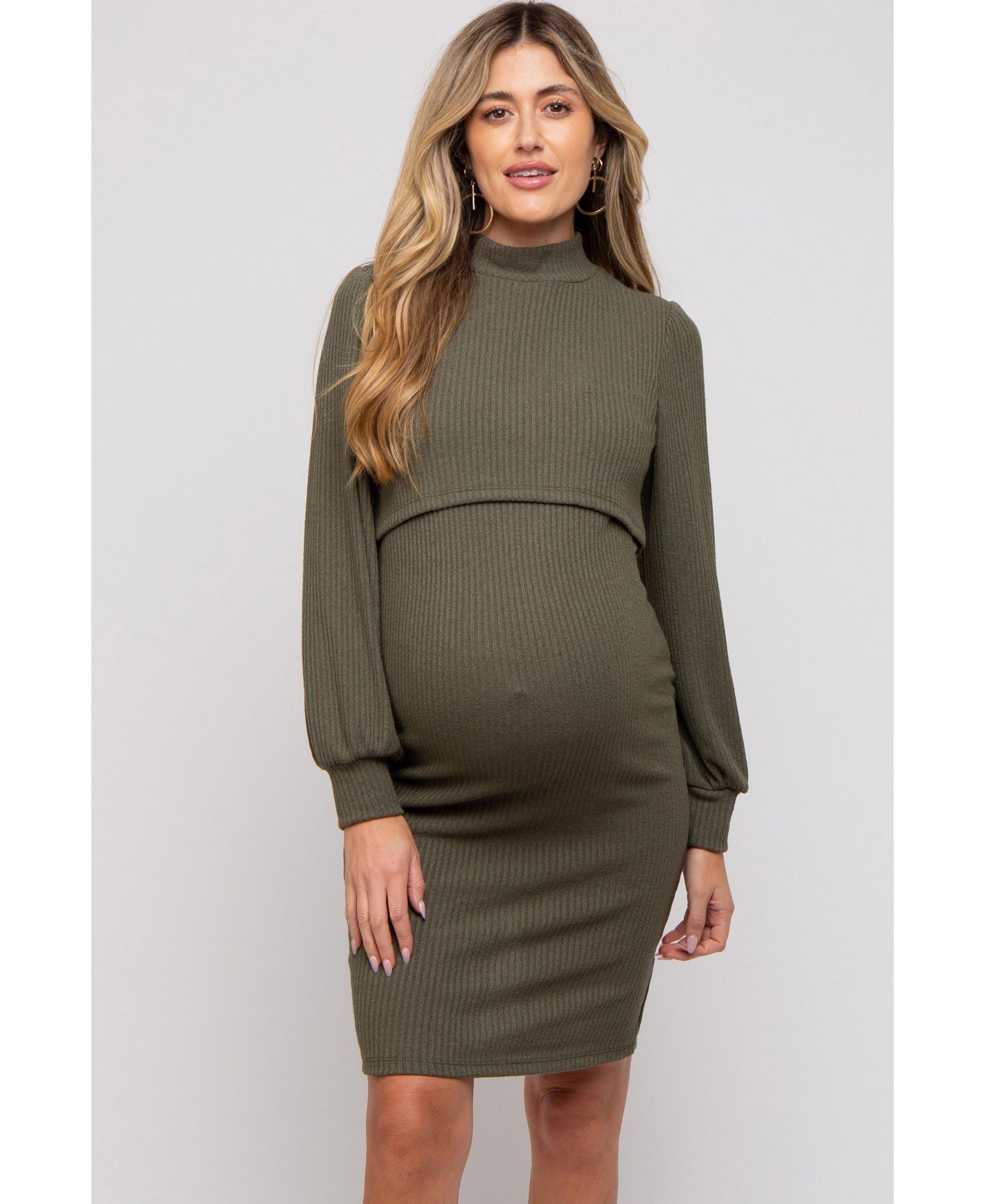 Pinkblush Women's Olive Rib Knit Mock Neck Nursing Dress