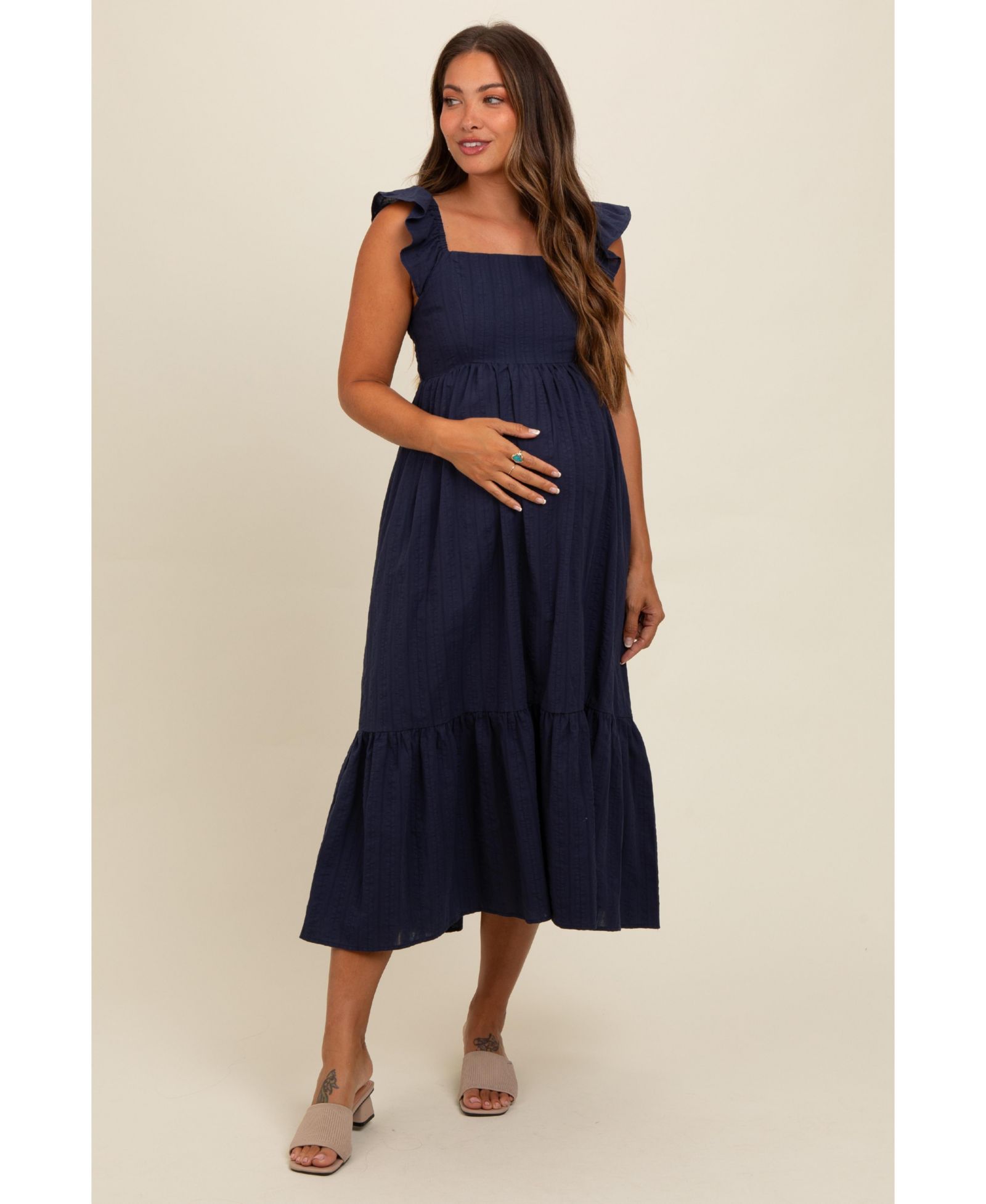 Pinkblush Women's Navy Blue Textured Cotton Ruffle Strap Midi Dress