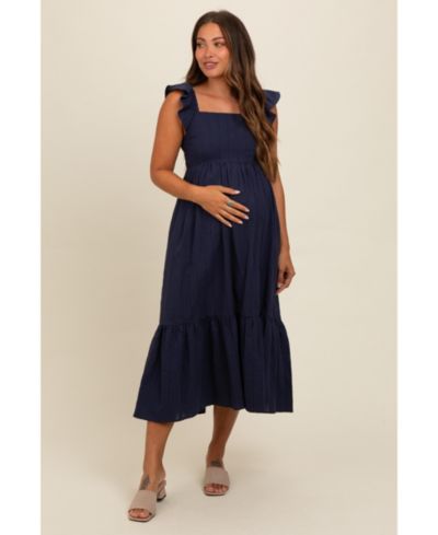 Pinkblush Women's Navy Blue Textured Cotton Ruffle Strap Midi Dress