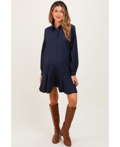 Pinkblush Women's Camel Striped Long Sleeve Drop Waist Polo Dress