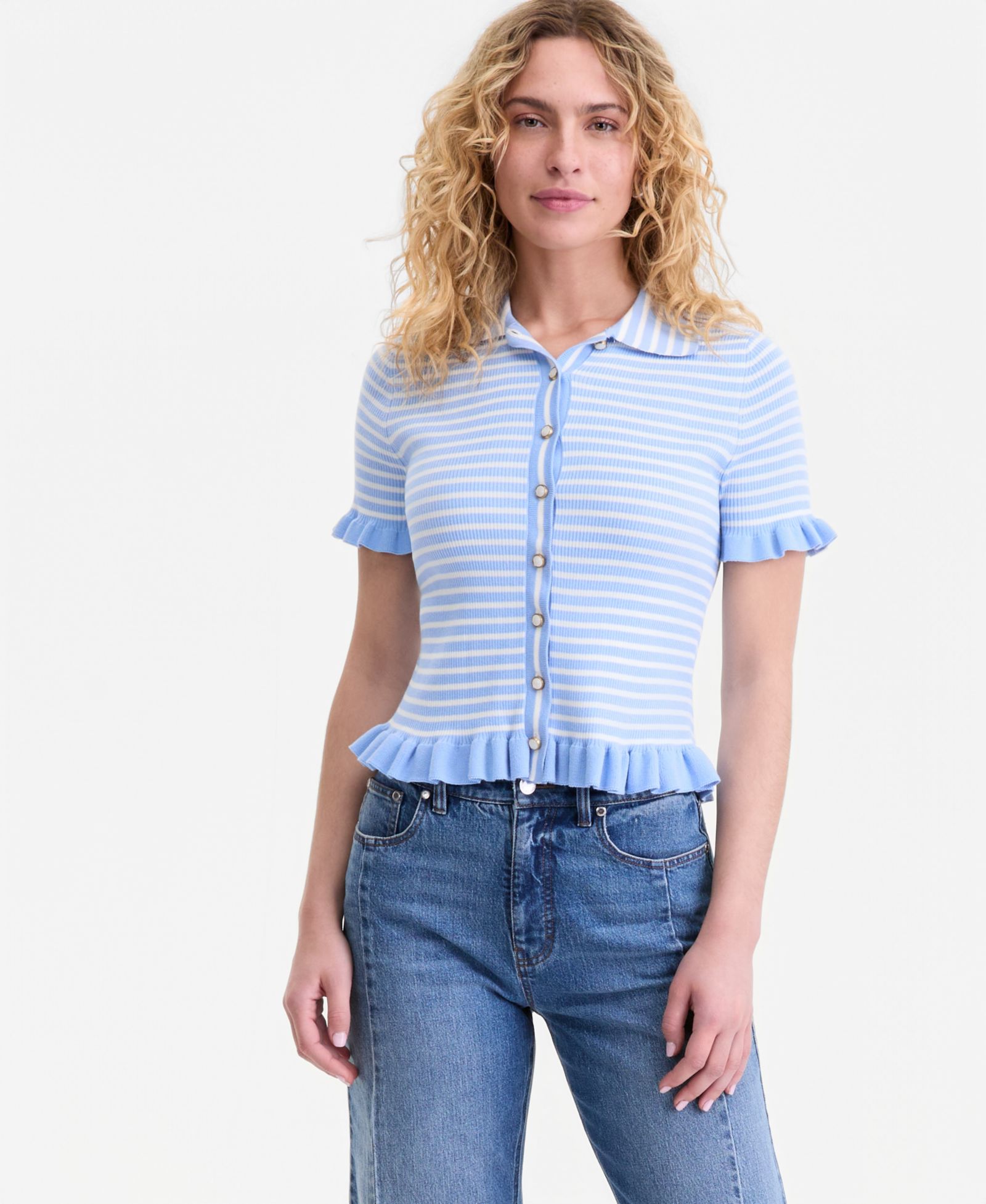 On 34th Women's Short-Sleeve Ruffle-Trim Collared Sweater, Macy's Exclusive