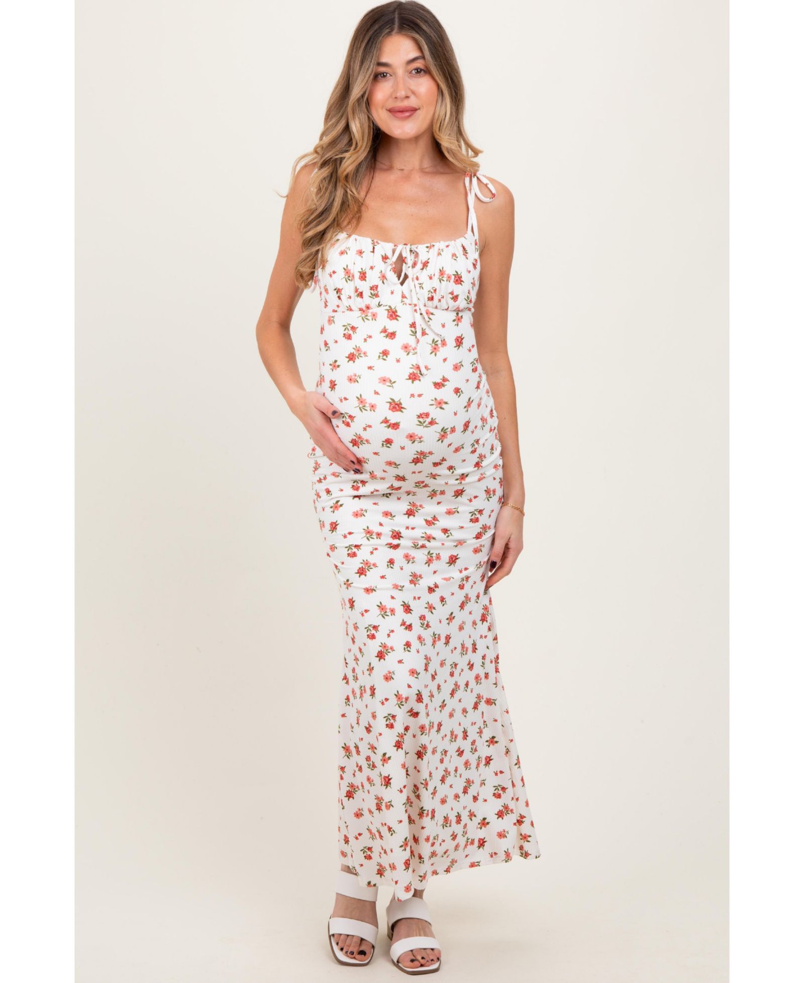 Pinkblush Women's Ribbed Floral Shoulder Tie Maxi Dress