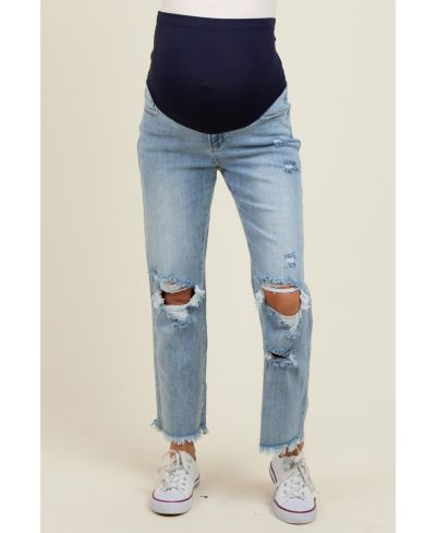 Pinkblush Women's Light Blue Ripped Knee Fringe Hem Straight Leg Ankle Jeans