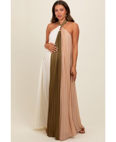 Pinkblush Women's Colorblock Pleated Halter Neck Maxi Dress