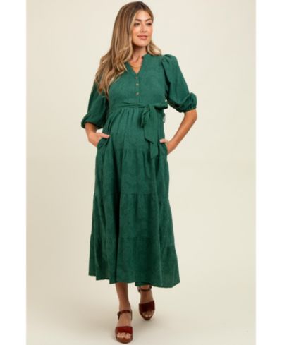 Pinkblush Women's Forest Green Floral Jacquard Button Front Tiered Dress