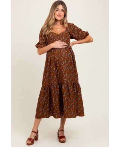 Pinkblush Maternity Mocha Floral Sweetheart Puff Sleeve Midi Dress